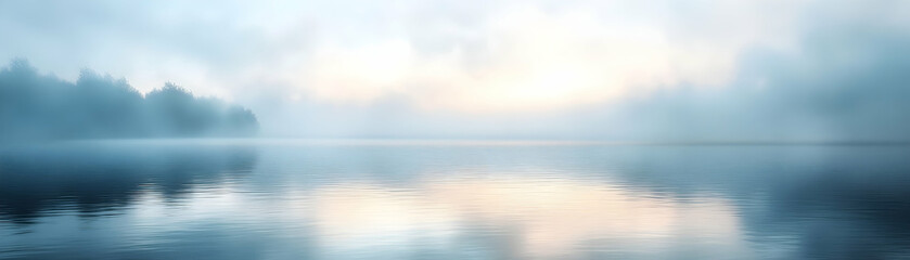 Obraz premium A Tranquil Landscape of Foggy Trees Reflecting in a Serene Lake at Dawn