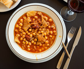 National Spanish dish tripe Callos a la Gallega - thick broth with chickpeas