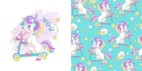 Cute unicorn ride a scooter illustration card and seamless pattern
