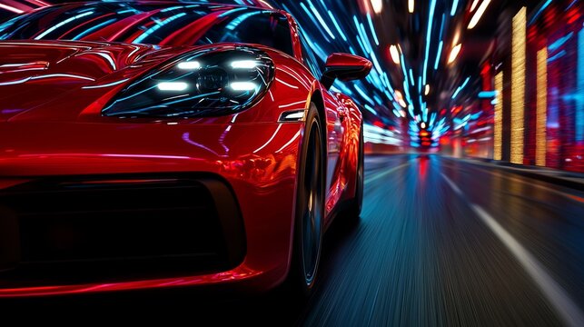 Fast-moving red vehicle, light streaks, vibrant blurred background, sense of speed