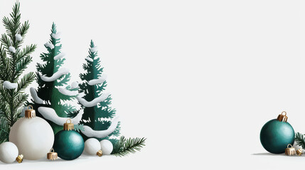 festive Christmas background featuring snowy trees and decorated ornaments