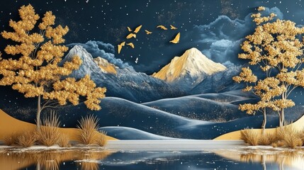Winter Enchantment: 3D Modern Art Mural with Golden Christmas Trees