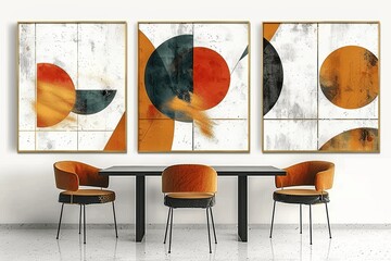 Set of Three Retro Geometric Abstract Posters in Gold Texture