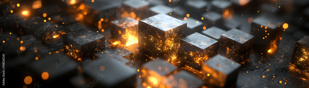 Poster glowing metallic cubes with sparks abstract 3d rendered background
