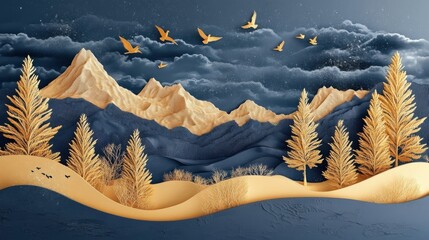 Winter Enchantment: 3D Modern Art Mural with Golden Christmas Trees