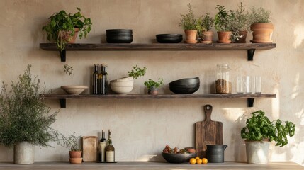 Rustic Kitchen Shelves with Plants and Tableware