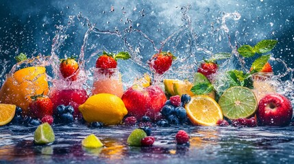 Vibrant mix of fruits splashing in water on a blue background