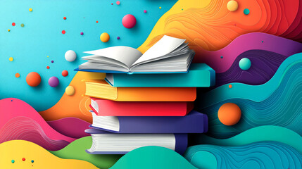 Colorful book stack on abstract background.
