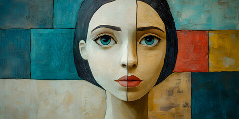 A Painted Portrait of a Woman's Face with Blue Eyes and Divided Skin Tones Against a Geometric Background