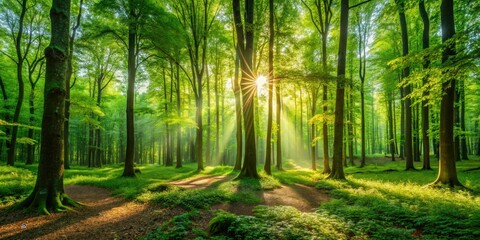 Obraz premium Dappled sunlight streams through vibrant green leaves, creating a serene atmosphere in the forest, where nature's beauty unfolds quietly, inviting peace and tranquility to all.