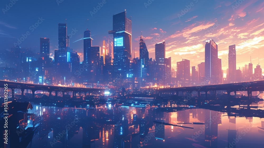 Poster a city skyline is reflected in a river the buildings and lights creating a distorted and surreal ver