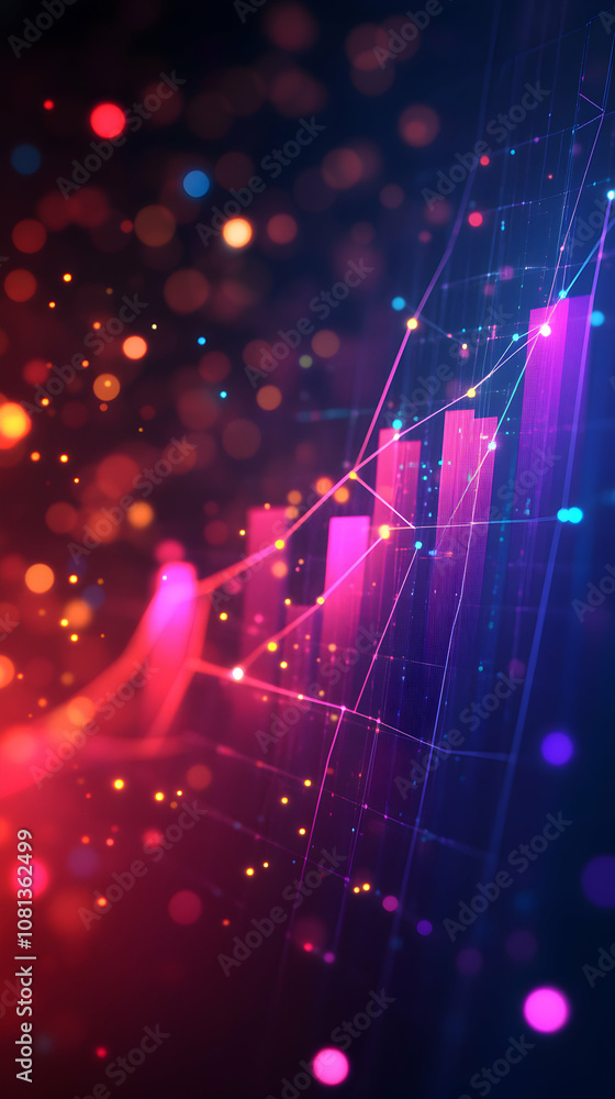 Poster abstract 3d digital background with pink and yellow bokeh lights and a graph showing an upward trend