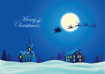 Fototapeta premium Merry Christmas greeting card. Santa Claus in a sleigh with reindeers flies on the background of the Moon and stars. 