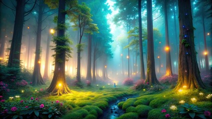 Obraz premium Discover the wonder of a bioluminescent forest, where mystical landscapes illuminate the night, revealing nature's enchanting beauty in a mesmerizing glow of colors.