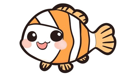 Kawaii-Style Clownfish with Happy Expression, Big Eyes, Cute Blushing Cheeks, and Bold Stripes, Perfect for Children's Coloring Book