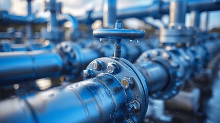closeup of shiny metal blue pipeline with valves in oil refinery under blue sky, industry and manufacturing concept
