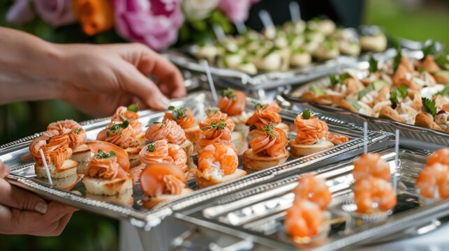 Elegant hors doeuvres are passed around on silver trays tempting guests with their delicious aromas.