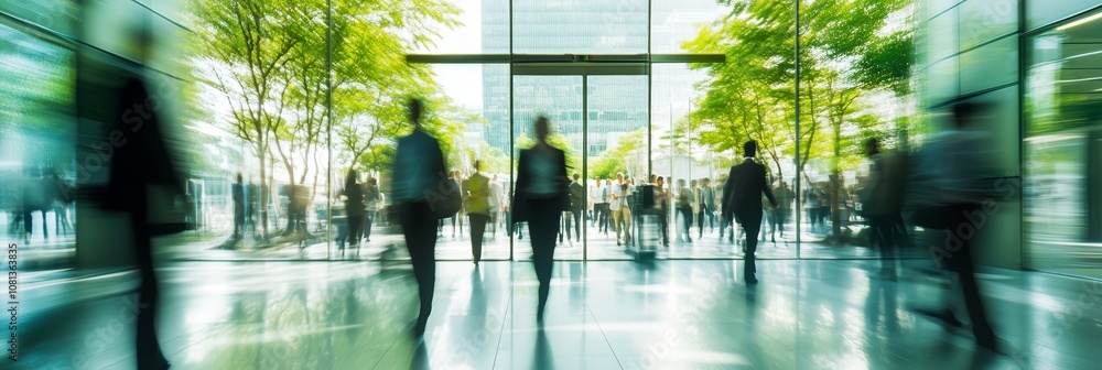 Poster the bustling business environment is characterized by the blurred motion of commuters moving through