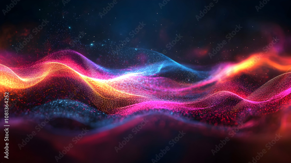 Poster abstract 3d digital wave background: vivid hues flowing dynamically in a dark, glowing nebula