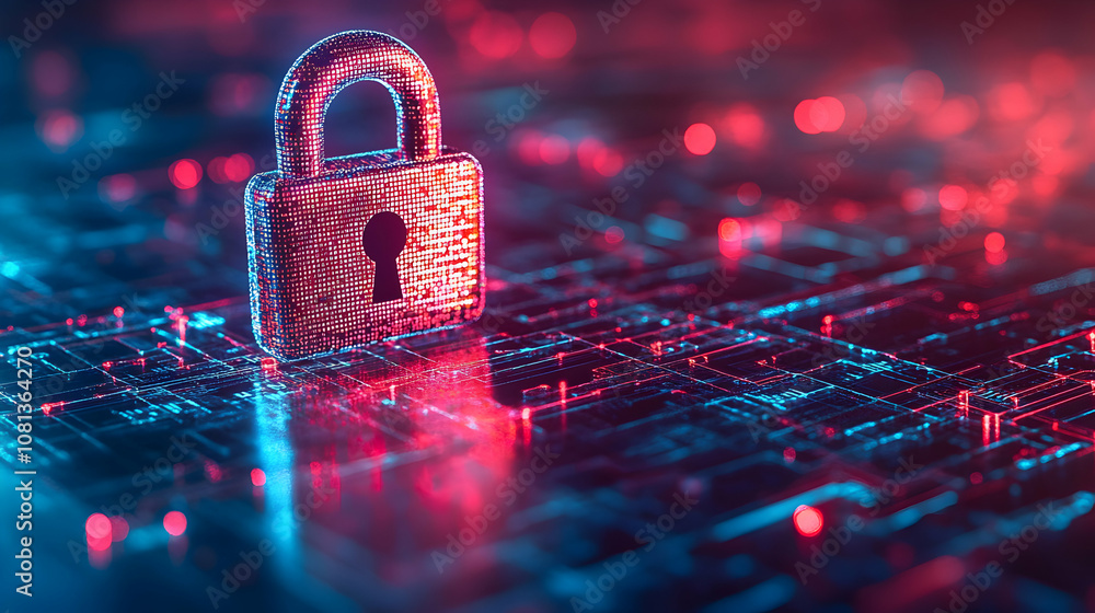 Poster abstract 3d rendering of a digital padlock secures a vibrant circuit board background, symbolizing c
