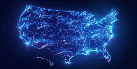 United States Blue Glow Map Abstract Digital Artwork Contours Dark Background Minimalist