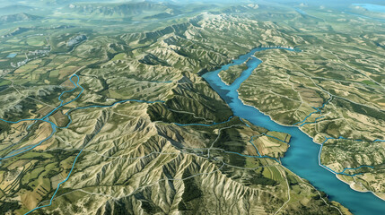 3D aerial visualization of mountainous landscape with winding rivers and reservoirs, featuring agricultural fields and forested areas in photorealistic detail