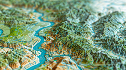 Detailed topographical relief map showing meandering river through mountainous terrain, with elevation changes depicted in vibrant greens and earth tones, captured in tilt-shift style