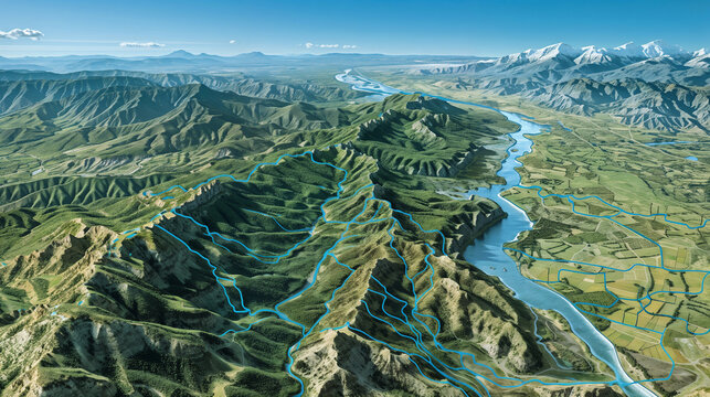 Aerial topographic visualization of mountain terrain with winding blue water channels, snow-capped peaks, and agricultural fields merging into a vast natural landscape vista
