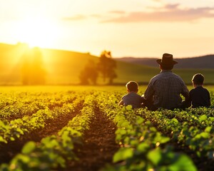 Family enjoying sunset in a field.