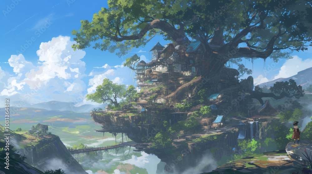 Poster a massive treehouse within a sprawling jungle serves as a sanctuary for magical creatures of all kin