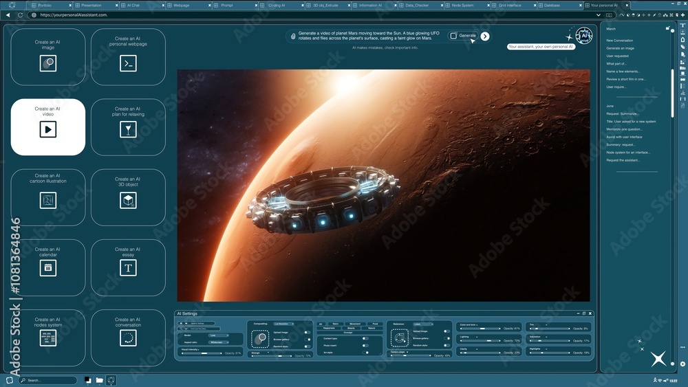 Fototapete generative model software producing ai generated video of ufo orbiting above planet. artificial inte