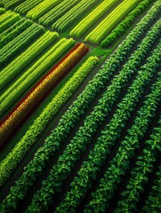 Aerial view of rows of green and red crops.