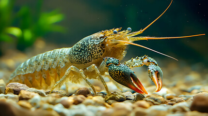 Detailed Close-Up of a Speckled Crayfish Crawling on Gravel in an Aquarium Setting