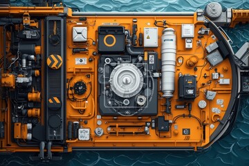 Inspecting ship engine room maritime vessel technical illustration industrial environment aerial view mechanical engineering