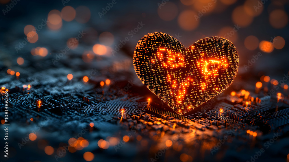 Poster glowing digital heart formed by code on circuit board, abstract 3d render