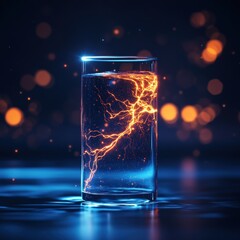 A glowing glass filled with water displays electric currents, creating a stunning visual effect against a dark background.