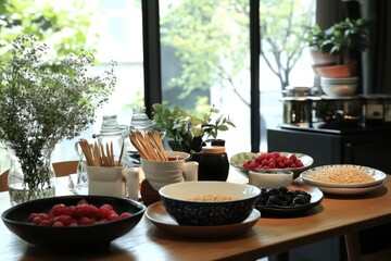 Elegant breakfast table with fresh fruit and healthy ingredients by sunlit window