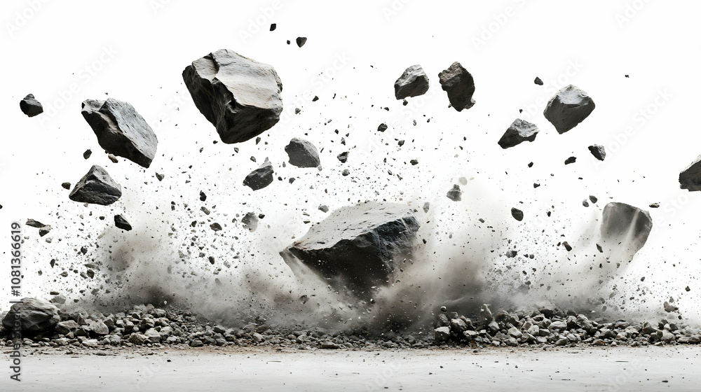 Poster 3d render of exploding rocks, debris and dust cloud against white background