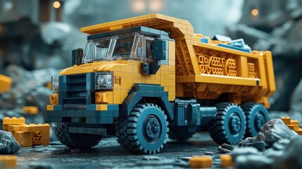 a toy dump truck filled with colorful, highly detailed building blocks.