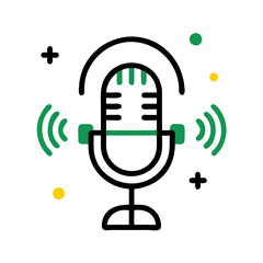 Stylish podcast logo featuring a retro microphone with sound waves representing audio content