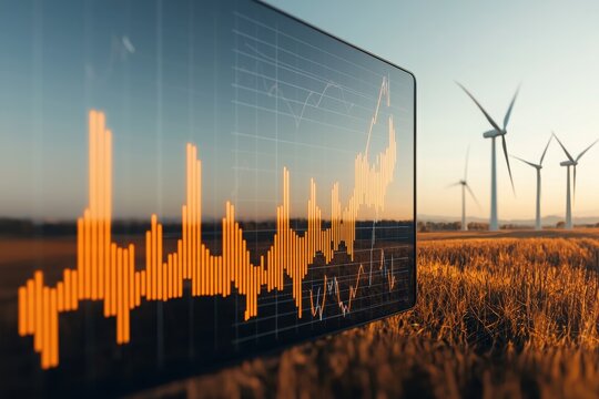 Dynamic stock market visualization renewable energy landscape data analysis display wind turbines aerial perspective economic growth concept