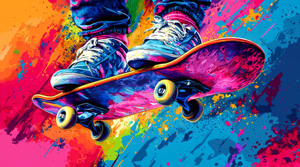 Colorful skateboarder mid-air.