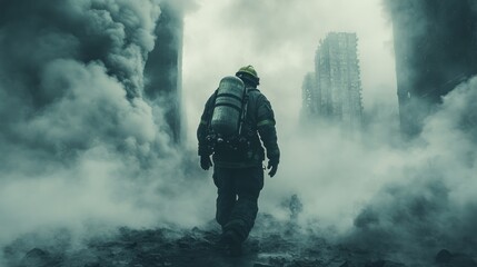 Fototapeta premium Firefighter navigating through a smoky, devastated urban landscape.