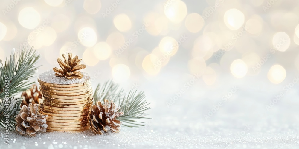 Poster elegant shiny golden coin stack with pine accents, placed on a white background with a soft festive 