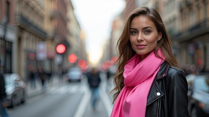 Fototapeta premium Beautiful woman wearing pink scarf and black leather jacket in city