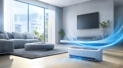 3D Render of Air Conditioner in Modern Living Room, Circulating Cool Air, Enhancing Comfort and Style