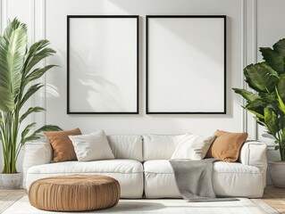 Frame mockup, ISO A paper size. Living room wall poster mockup,
Modern Minimalist Living Room with White Sofa, Brown and Gray Cushions, and Round Woven Pouf, Accented by Blank Canvases and Lush Greene