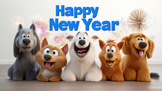 Happy New Year celebration with animated dogs and fireworks in background. cheerful characters express joy and excitement for upcoming year