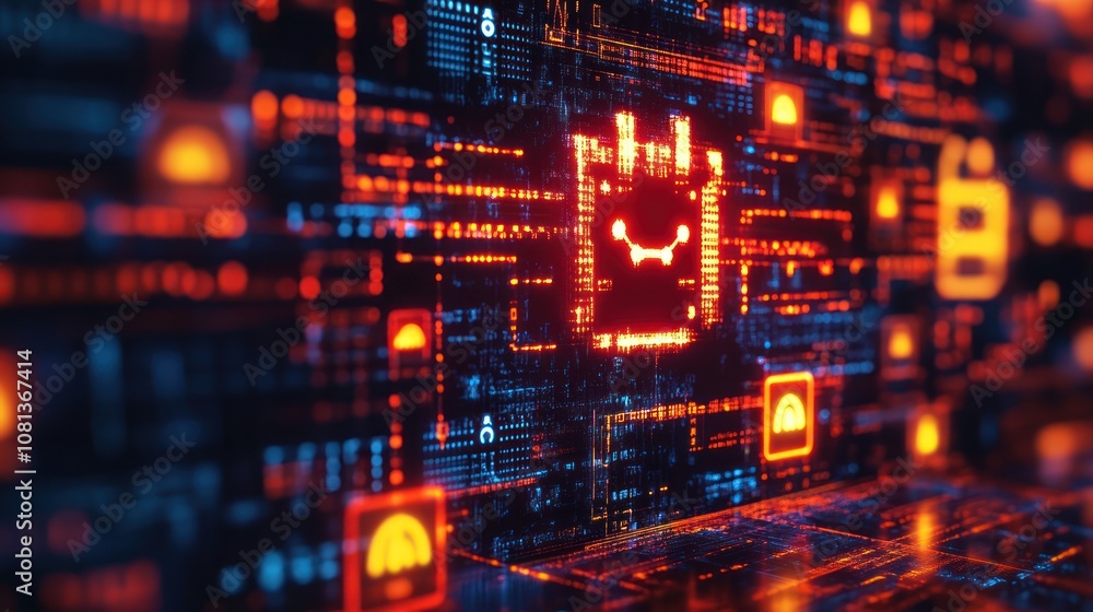 Wall mural a digital smiley face embedded in a wall of code and data, representing happiness and satisfaction i