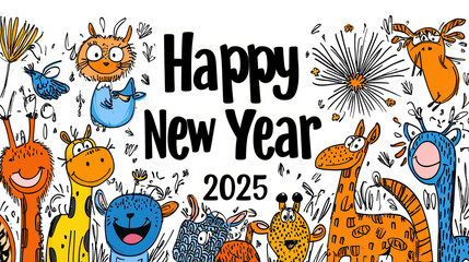 Happy New Year 2025 card featuring cheerful animals celebrating occasion with vibrant colors and playful designs, perfect for spreading joy and good wishes